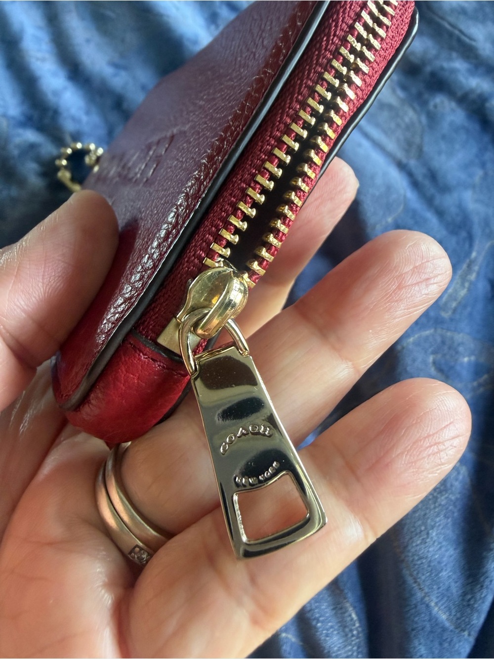 Coach Red Pebbled Leather Chain Wristlet Pouch with Gold Accents - Picture 12 of 16